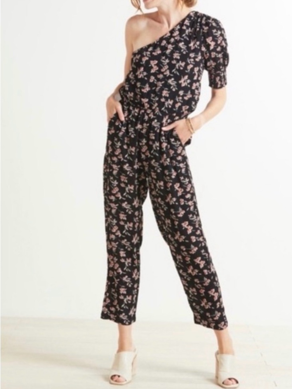 Roan + Ryan One-Shoulder Floral Jumpsuit in Black and Pink